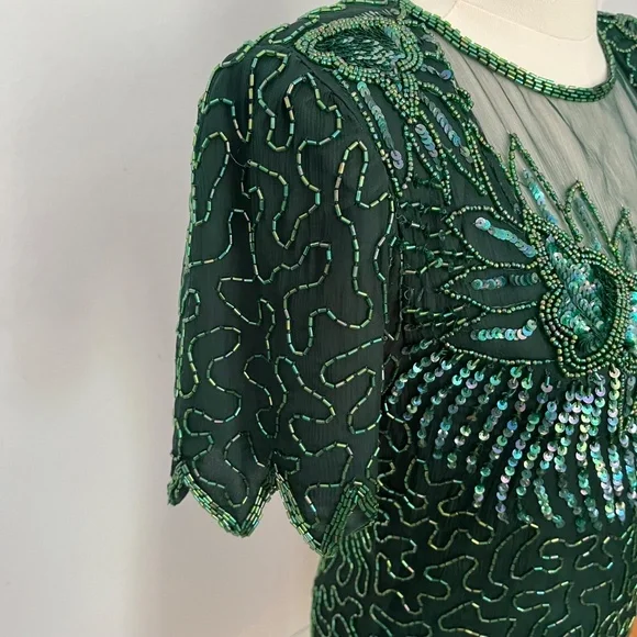 Denise Elle Vintage 80s Black Beaded Sequin Silk Cocktail Jagged Hem Dress PS - Picture 6 of 13